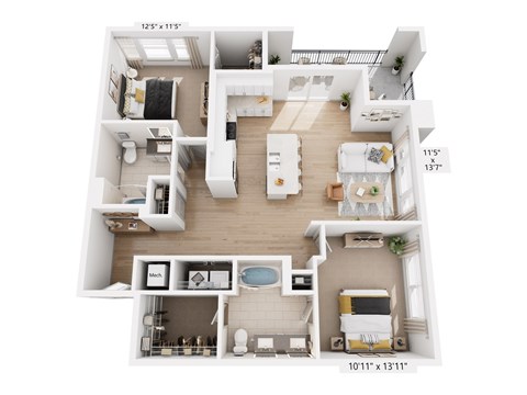 Floor plan for 2 beds, 2 baths, 1171 sqft
